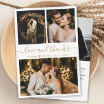 Liebe und Dank an White Gold Wedding Vielen Dank Dankeskarte<br><div class="desc">Elegante, moderne White und Gold Hand Lettered Wedding Foto Collage Dankeschön Karte. Stilvolle Hochzeit dank Karte Vorlage mit drei Foto auf der Vorderseite und ein Foto auf der Rückseite. Mit dem Text "Liebe und Dank" in einer Wirblen Hand schreiben Typografie Skript-Schriftart in goldener Farbe auf weißem Hintergrund. Personalisieren Sie den...</div>