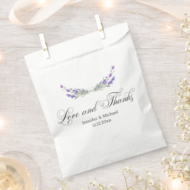 Liebe und Dank,Aquarellfarben lila Lavendelhochzei Geschenktütchen (Ausgeschnitten)
