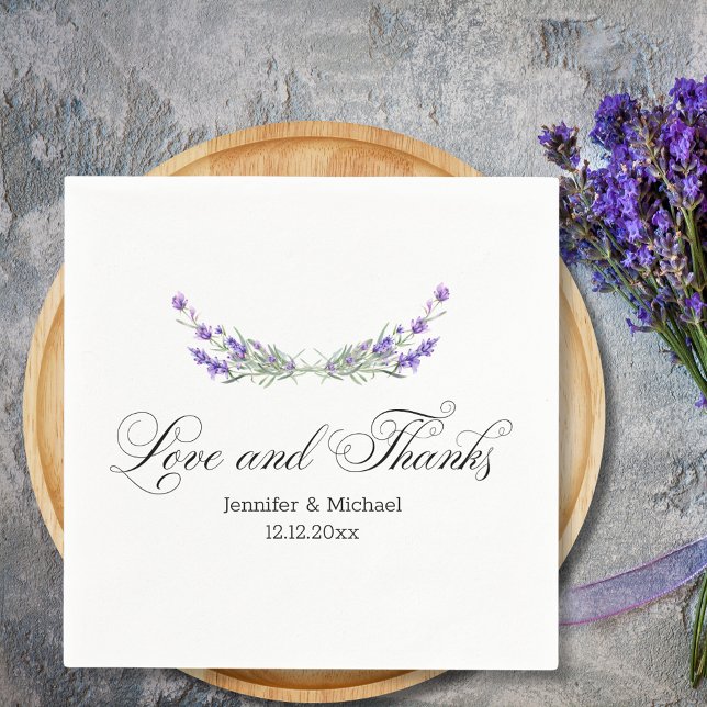 Liebe und Dank,Aquarellfarben lila Lavendelhochzei Serviette (Von Creator hochgeladen)
