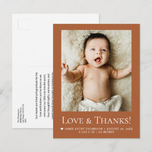 Liebe und Dank Baby-Foto-Geburts-Terrakotta Postkarte