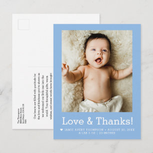 Liebe und Dank Baby-Foto-Geburtsanzeige Blau Postkarte