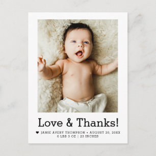 Liebe und Dank Baby-Foto-Geburtsanzeige Postkarte