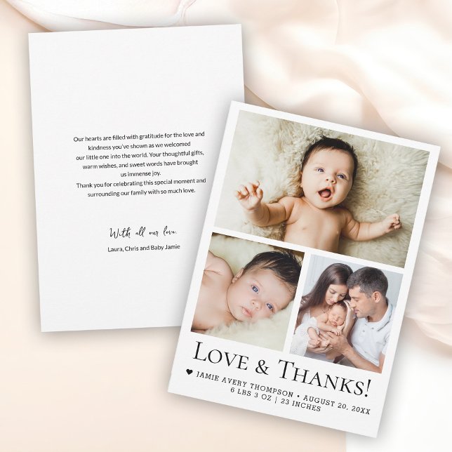 Liebe und Dank Baby Foto Geburtserklärung Dankeskarte (Custom photo collage baby birth announcement love and thanks cards.)