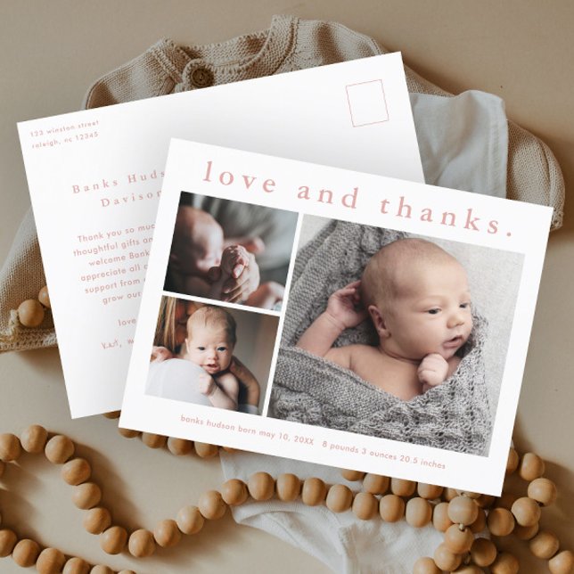 Liebe und Dank Baby Foto Geburtserklärung Postkarte (Simple typography 3 photo collage birth announcement baby thank you postcard.)