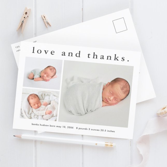 Liebe und Dank Baby Foto Geburtserklärung Postkarte (Simple love and thanks 3 photo baby announcement thank you postcard.)