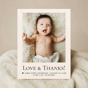 Liebe und Dank Beige Baby Foto Geburt Postkarte