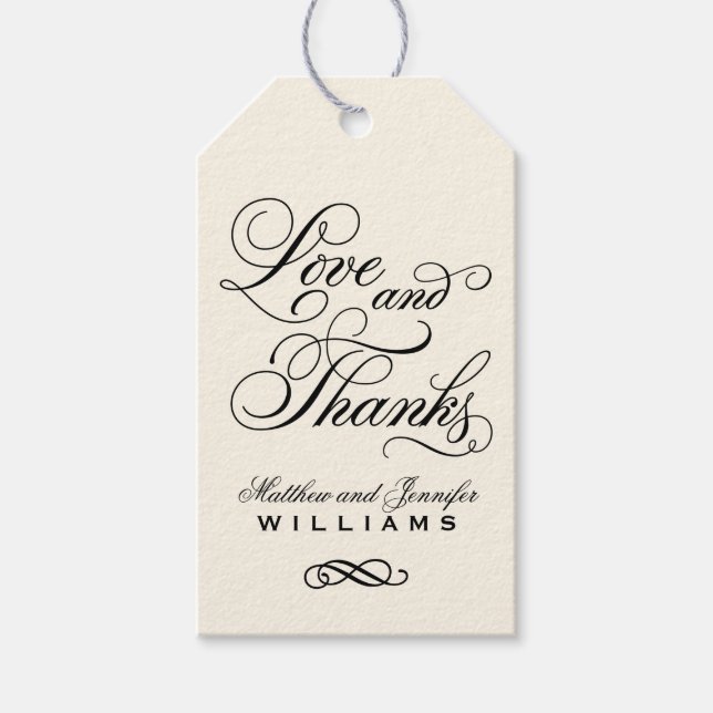 Liebe und Dank Black Calligraphy Wedgram Geschenkanhänger (Vorderseite)