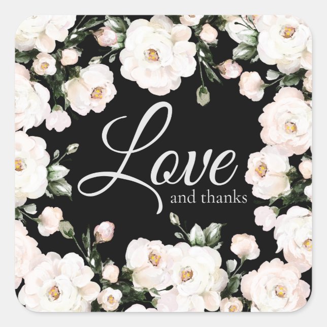 Liebe und Dank Black Elegante White Roses Hochzeit Quadratischer Aufkleber (Vorderseite)