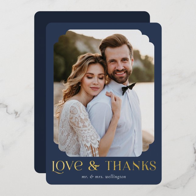 Liebe und Dank Blue Gold Hochzeit Dankeschön Card Folieneinladung (Vorderseite/Rückseite)