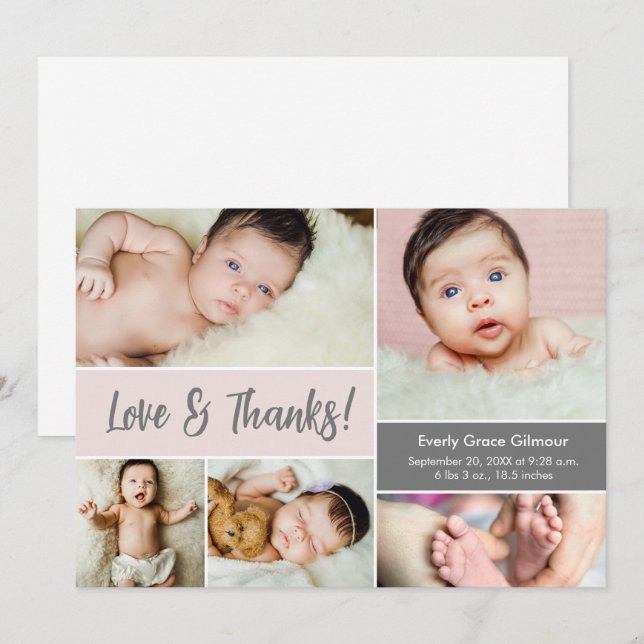 Liebe und Dank Blush Pink Fotos Kinderdusche Dankeskarte (Vorne/Hinten)