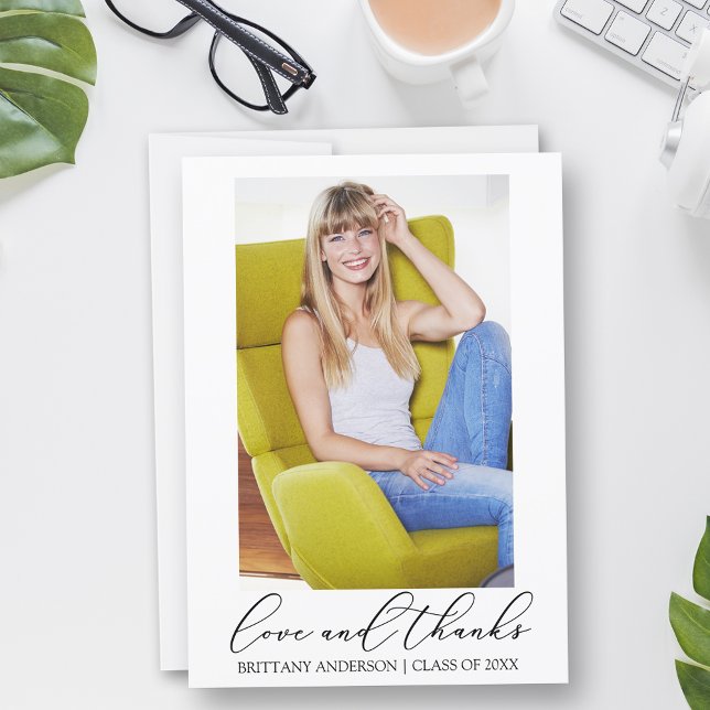 Liebe und dank Calligraphy Ink Foto Abschluss Dankeskarte (Customize to add text or more photos to back of card.)