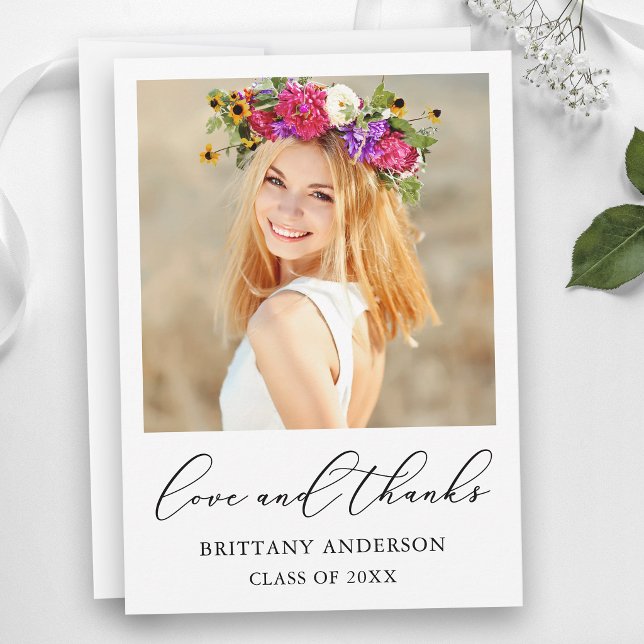 Liebe und dank Calligraphy Ink Script Abschluss Dankeskarte (Customize to add text or more photos to back of card.)