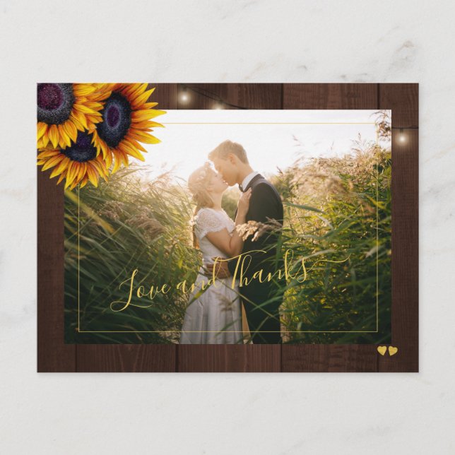 Liebe und dank der rustikalen Sonnenblumenhochzeit Postkarte (Vorderseite)