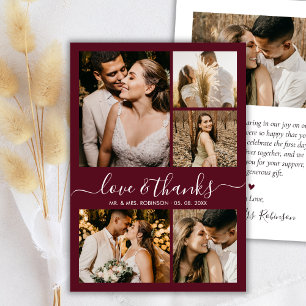Liebe und Dank Foto-Collage Burgunder Hochzeit Dankeskarte