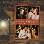 Liebe und Dank Foto Collage Terracotta Wedding Dankeskarte<br><div class="desc">Modernes, elegantes "Liebe und Dank" Script Terracotta Wedding 3 Foto Collage Danke Karte. Stilvolle, schicke Hochzeitsvorlage mit drei (3) Foto auf der Vorderseite und einem (1) Foto auf der Rückseite. Mit dem Text "Liebe und Dank" Skript in einer Wirblen kursiven Hand Schrift Schriftzug Swash-Schwanz Schriftart in Weiß auf verbrannten Orange,...</div>