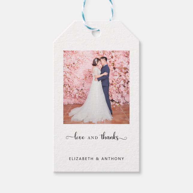 Liebe und Dank Foto Elegante Script Chic Hochzeit Geschenkanhänger (Vorderseite)