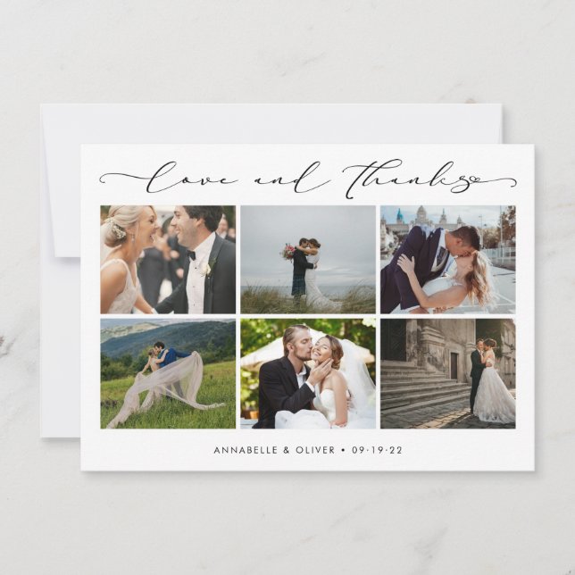Liebe und dank Fotocollage Hochzeit Dankeskarte (Vorderseite)