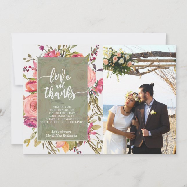 Liebe und dank Fotokarte boho rosa Flora Dankeskarte (Vorderseite)