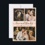Liebe und Dank für die Hochzeitfotografie. Vielen  Dankeskarte<br><div class="desc">Elegante, Minimalistische Pfirsichfarbenhandschrift mit Hochzeitsfoto-Collage Dankeschön Karte. Stilvolle Hochzeit danke Ihnen Karte Vorlage mit (3) drei Foto auf der Vorderseite und ein Foto auf der Rückseite. Mit dem Text "Liebe und Dank" in einer Wirblen Hand Schriftzeichen Schriftart in schwarz auf hellpastellfarbenen pfirsichfarben Hintergrund. Personalisieren Sie den individuelle Name und danken...</div>