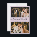 Liebe und Dank für die Hochzeitfotografie. Vielen  Dankeskarte<br><div class="desc">Elegante, Minimalistische Hand Briefe Hochzeit 3 Foto Collage Dankeschön Karte. Stilvolle Hochzeit dank Karte Vorlage mit drei Foto auf der Vorderseite und ein Foto auf der Rückseite. Mit dem Text "Liebe und Dank" in einem Wirblen handgeschriebenen Typografie-Skript-Schriftart in schwarz auf hellpastellfarbenen lila oder hellen lila Hintergrund. Personalisieren Sie den individuelle...</div>