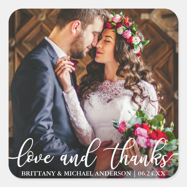 Liebe und Dank für Hochzeit danke Ihnen Foto Quadratischer Aufkleber (Vorderseite)