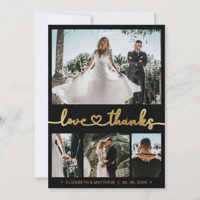 Liebe und Dank Gold Heart Script 4 Foto Hochzeit Dankeskarte (Vorderseite)