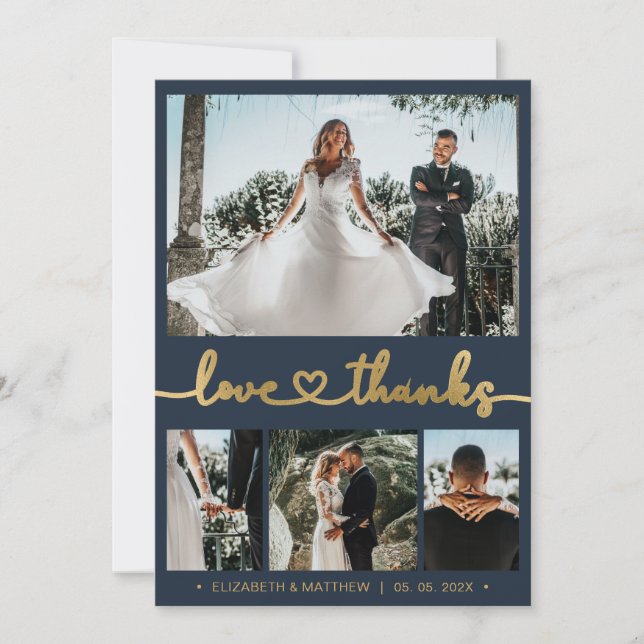 Liebe und Dank Heart Script Navy 4 Foto Hochzeit Dankeskarte (Vorderseite)