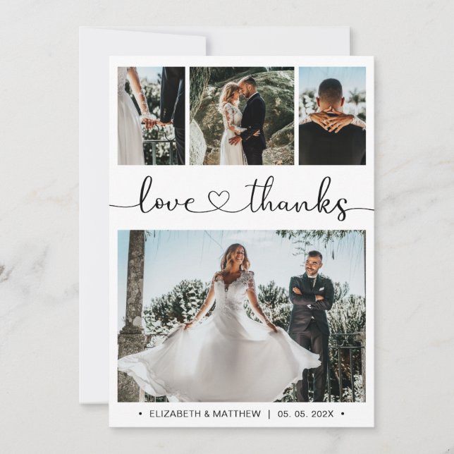 Liebe und dank Herz-Script Foto Collage Hochzeit Dankeskarte (Vorderseite)