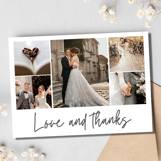 Liebe und Dank Hochzeit Elegantes FotoCollage Dankeskarte (Love and Thanks Wedding Elegant Photo Collage Thank You Card)