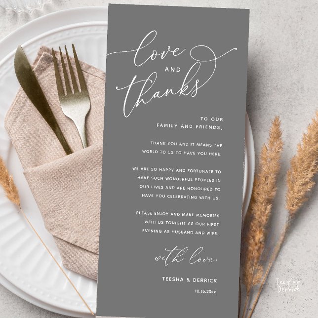 Liebe und Dank, Hochzeits-Dinner-Dankeskarten Programm (Love and Thanks, Wedding Romantic Reception Thank You Card in Dark Grey)