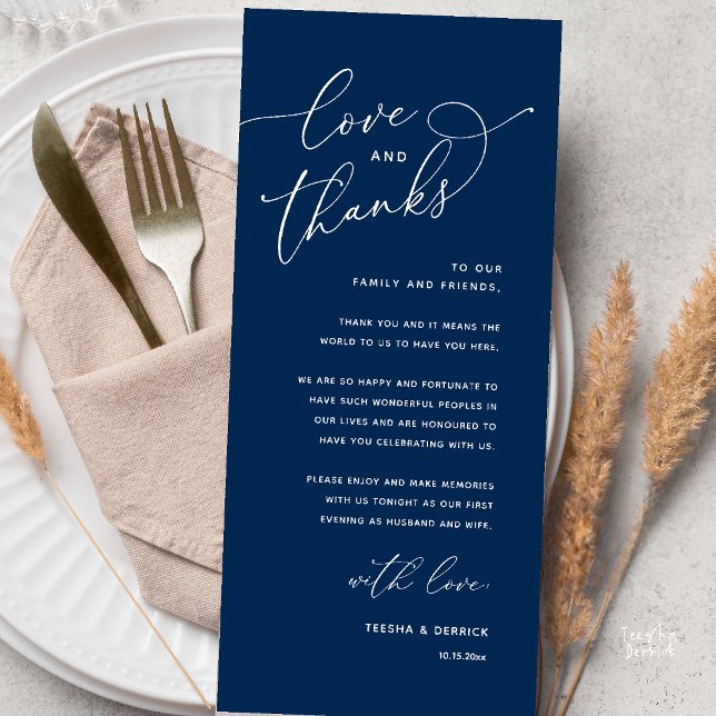 Liebe und Dank, Hochzeits-Dinner Danksagungskarte Programm (Love and Thanks, Wedding Romantic Reception Thank You Card in Navy Blue)