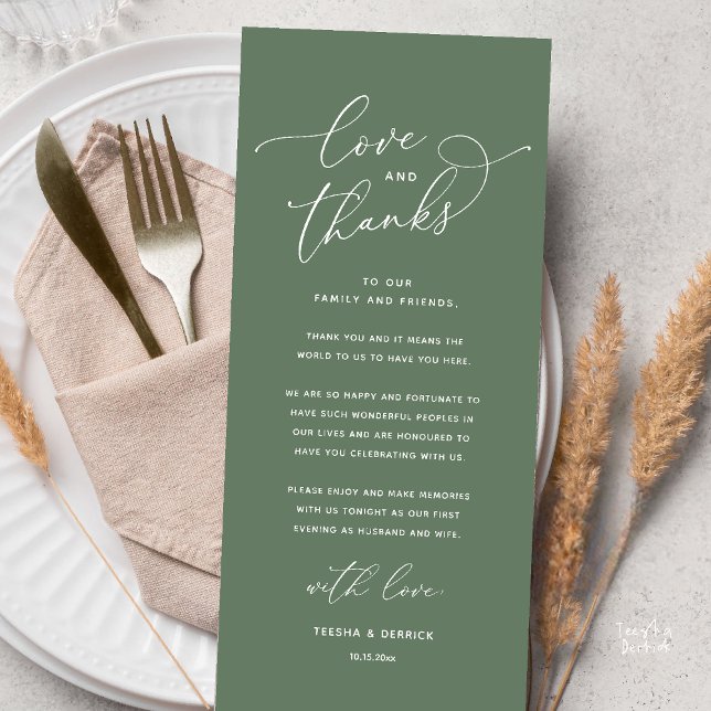 Liebe und Dank, Hochzeitsdinner Dankeskarten Programm (Love and Thanks, Wedding Romantic Reception Thank You Card in Sage Green)