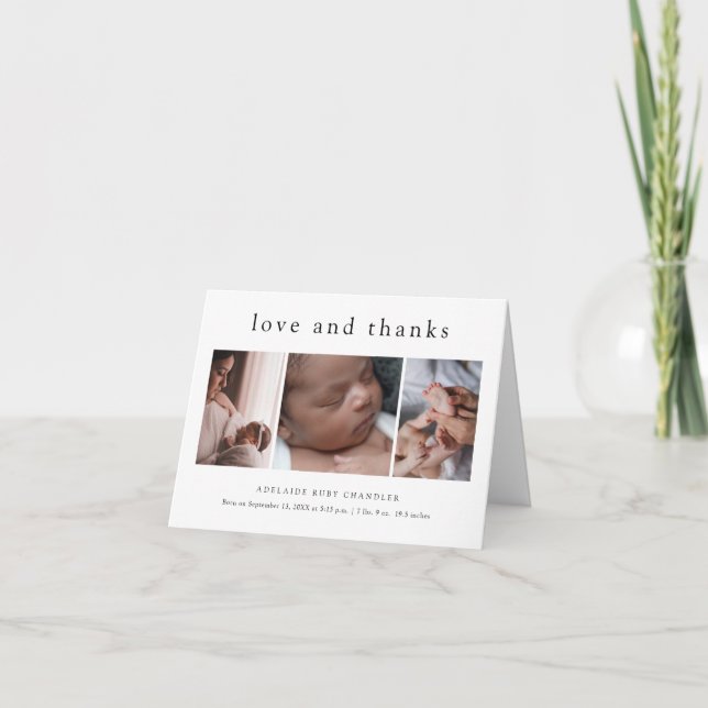 Liebe und Dank Minimal 4 Foto New Baby Dankeskarte (Vorderseite)