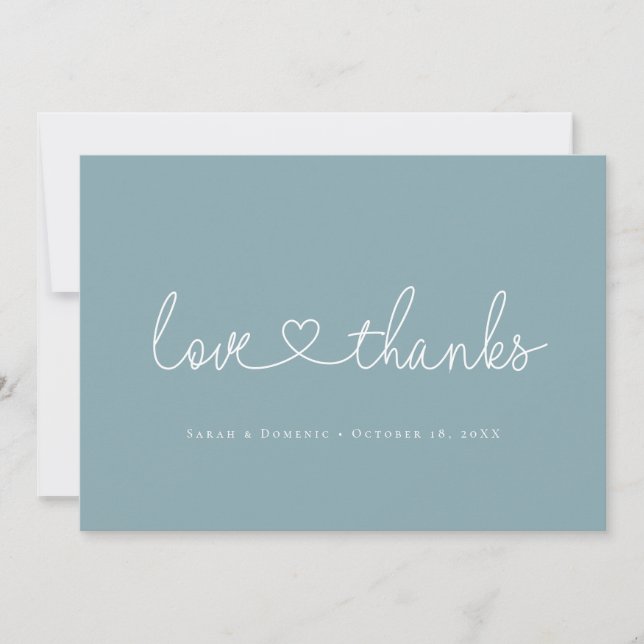 Liebe und Dank Minimal Script Herz Foto blau Dankeskarte (Vorderseite)