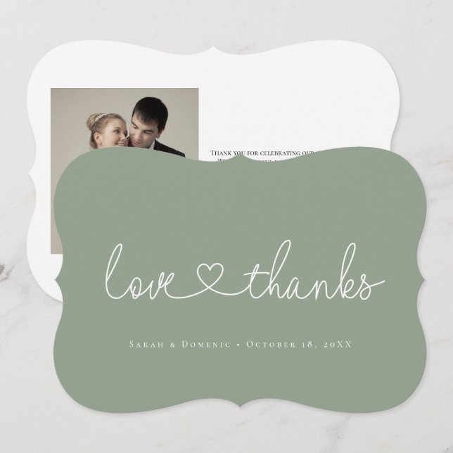 Liebe und Dank Minimal-Script-Herzfoto grün Dankeskarte (Vorne/Hinten)