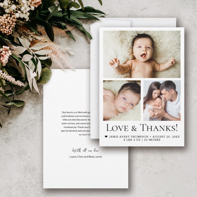 Liebe und Dank Modern Baby für drei Fotos Dankeskarte (Love and thanks, modern 3 photo birth announcement baby shower thank you cards.)