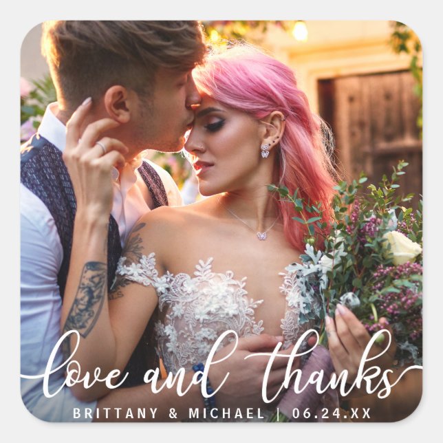 Liebe und Dank | Moderne Hochzeit Danke Foto Quadratischer Aufkleber (Vorderseite)