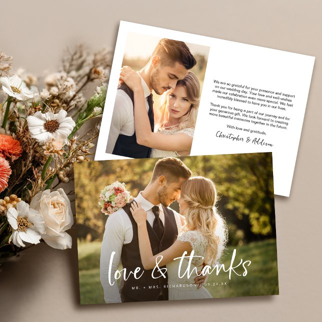 Liebe und Dank Moderne Minimalistische 2 Foto Hoch Dankeskarte (Front & Back on a 5" x 7" card)