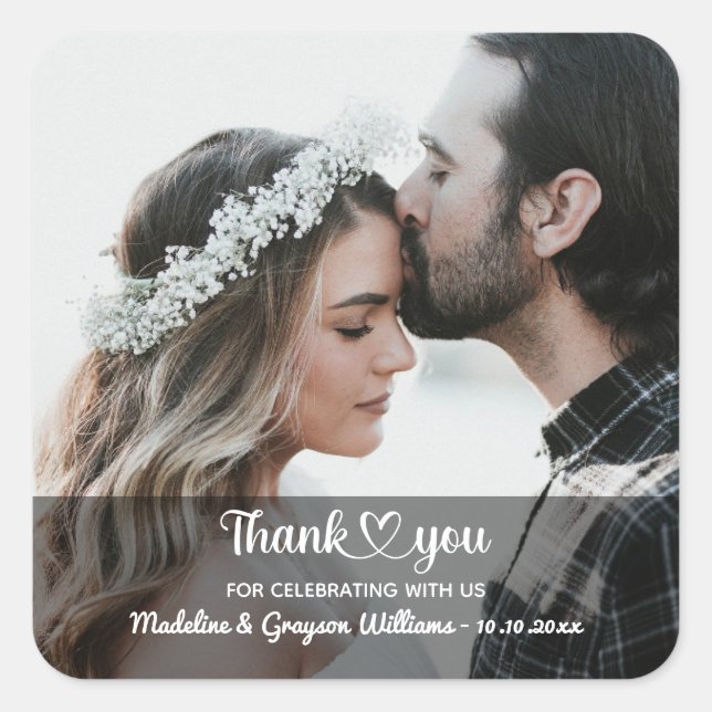 Liebe und Dank Personalisierter Foto Hochzeit Quadratischer Aufkleber (Vorderseite)