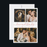 Liebe und Dank Rose Gold Script Hochzeit Foto Dankeskarte<br><div class="desc">Elegantes, Minimalistisches Hand Lettered Rose Gold Script Hochzeit Foto Dankeschön Karte. Stilvolle Hochzeit dank Karte Vorlage mit drei Foto auf der Vorderseite und ein Foto auf der Rückseite. Mit dem Text "Liebe und Dank" in einer Wirblen Hand schreiben Typografie Skript-Schriftart in Rose Gold oder rot rosa auf weißem Hintergrund. Personalisieren...</div>