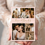 Liebe und Dank Script Blush Foto Collage Hochzeit Dankeskarte<br><div class="desc">Elegantes Script Gold und Blush Pink Hochzeitsfoto Collage Vielen Dank Karten. Modernes, minimales Hochzeitszertifikat mit 5 (5) Foto auf der Vorderseite und 1 (1) Foto auf der Rückseite. Mit dem Text "Liebe und Dank" in einer schönen Hand Schrift Schrift Schriftart in Gold auf hellrot rosa Hintergrund. Passen Sie Ihren Namen,...</div>