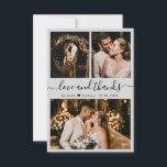 Liebe und dank Script Gray Wedding Foto Dankeskarte<br><div class="desc">Elegantes, Minimalistisches Foto, das auf der Hand geschrieben wird. Stilvolle Hochzeit dank Karte Vorlage mit drei Foto auf der Vorderseite und ein Foto auf der Rückseite. Mit dem Text "Liebe und Dank" in einer Wirblen Hand gezeichnet Typografie Skript-Schriftart in schwarz auf hellgrauem Hintergrund. Personalisieren Sie den individuelle Name und danken...</div>
