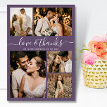 Liebe und Dank Script Lila 5 Foto Hochzeit Dankeskarte<br><div class="desc">Elegantes, Minimalistisches Script Dusty Lila 5 Foto Collage Wedding Dankeschön Karten. Moderne Hochzeit danke Ihnen Karte Vorlage mit fünf (5) Foto auf der Vorderseite und ein (1) Foto auf der Rückseite. Mit dem Text "Liebe und Dank" in einem Wirblen handgeschriebenen Typografie-Skript-Schriftart in Weiß auf Lila oder staubigen Pflaume lila Hintergrund....</div>