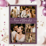 Liebe und Dank Script Mauve Foto Collage Hochzeit Dankeskarte<br><div class="desc">Elegantes Script Mauve Hochzeit Foto Collage Vielen Dank Karten. Modernes, minimales Hochzeitszertifikat mit 5 (5) Foto auf der Vorderseite und 1 (1) Foto auf der Rückseite. Mit dem Text "Liebe und Dank" in einem schönen handgeschriebenen Typografie-Script-Schriftart in weiß auf Lila oder staubigen Pflaume lila Farbhintergrund. Passen Sie Ihren Namen, Ihre...</div>