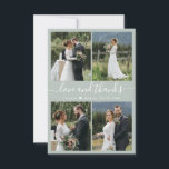 Liebe und dank Script Sage Green Collage Hochzeit Dankeskarte<br><div class="desc">Elegante, minimalistisch sage grün und weiß handgeschriebene Foto Collage personalisiert Hochzeit Dank Karte. Stilvolle Hochzeit dank Karte Vorlage mit vier (4) Foto auf der Vorderseite und ein (1) Foto auf der Rückseite. Mit dem Text "Liebe und Dank" in einer Wirblen Hand gezeichnete Typografie Swash Schwanz Schriftart-Skript in Weiß auf pastellfarbenen...</div>