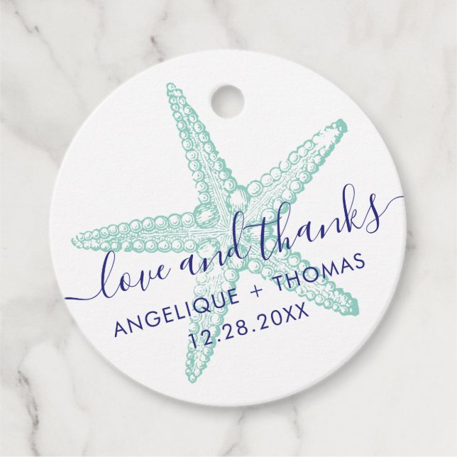Liebe und Dank Starfish Aquamarin Beach Wedding Geschenkanhänger (Vorderseite)