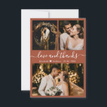 Liebe und Dank Terracotta Wedding Foto Dankeskarte<br><div class="desc">Elegantes, Minimalistisches Hand Lettered Wedding Foto Dankeschön Card in Erdterrakotta Farbe. Stilvolle Hochzeit dank Karte Vorlage mit drei Foto auf der Vorderseite und ein Foto auf der Rückseite. Mit dem Text "Liebe und Dank" in einer Wirblen Hand schreiben Typografie Skript-Schriftart auf erdigen Terrakotta, Rost verbrannt orange Hintergrund. Personalisieren Sie den...</div>