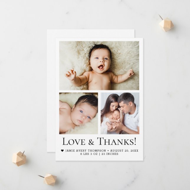 Liebe und Dank Typografie Baby Foto Birth Ankündigung (Vorderseite/Rückseite Beispiel)