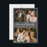 Liebe und Dank Typografie Hochzeitsstift Foto Dankeskarte<br><div class="desc">Elegantes, minimales dunkelgraues Foto mit Tagesschrift für Hochzeiten Dankeschön Karte. Stilvolle Hochzeit dank Karte Vorlage mit drei Foto auf der Vorderseite und ein Foto auf der Rückseite. Mit dem Text "Liebe und Dank" in einer Wirblen Hand gezeichnet Typografie Skript-Schriftart in Weiß auf dunkelgrauem Hintergrund. Personalisieren Sie den individuelle Name und...</div>