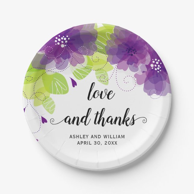 Liebe und dank violetter Blumen, Blumenhochzeit Pappteller (Vorderseite)